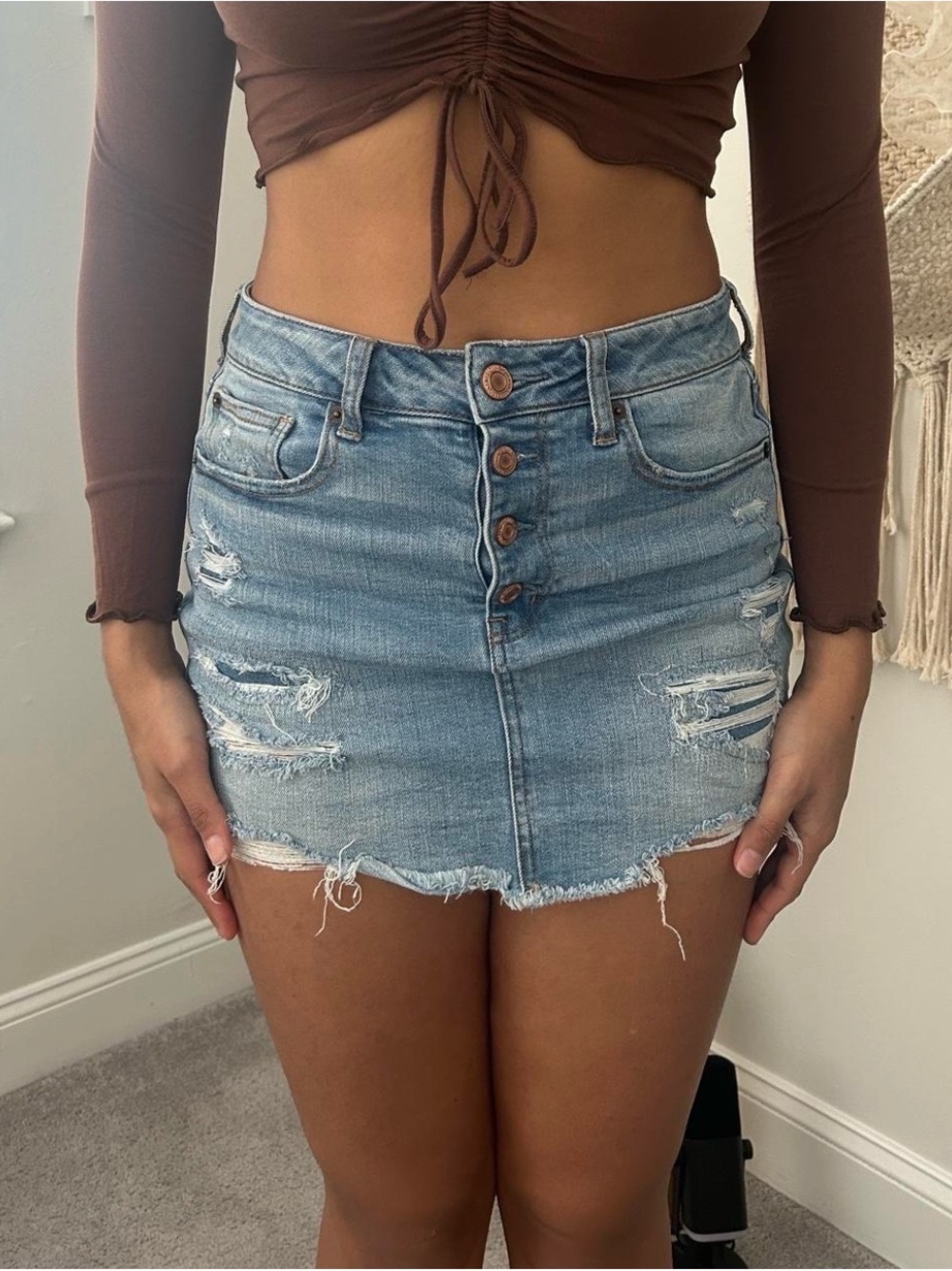American Eagle Outfitters Light Blue Distressed Button-Front Mini Skirt